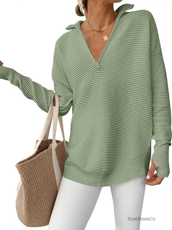 Sweaters - Long Sleeve Quarter Zip Pullover Sweater Casual V Neck Ribbed Knit Thumb Hole